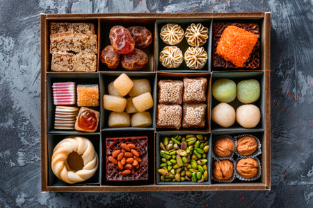 Arabic sweets boxes.Top view showing several shapes and types of traditional sweetsの素材