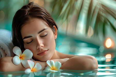beautiful and young woman in a spa pool with flowersの素材