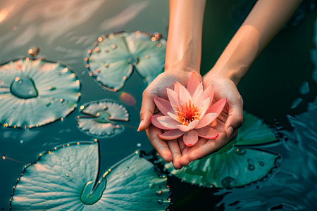 woman's hands holding water Lilly or lotus flower. Vesak day, Buddhist lent day, Buddha Purnima and birthday worshiping conceptの素材