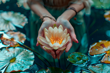 woman's hands holding water Lilly or lotus flower. Vesak day, Buddhist lent day, Buddha Purnima and birthday worshiping conceptの素材