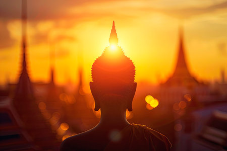 Happy buddha purnima. Buddhist statue in the temple with copy spaceの素材