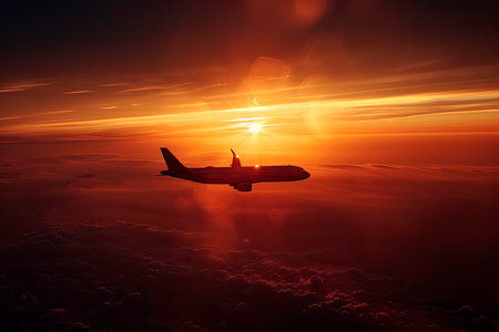 Airplane is flying at sunsetの素材