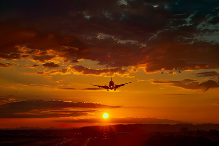 Airplane is flying at sunsetの素材