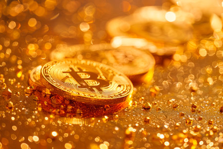 Bitcoin crypto currency on golden backgroundの素材