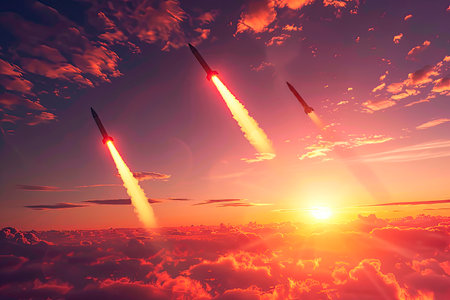 Fired missiles fly in the sky. Rocket attack conceptの素材