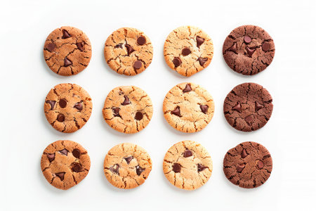 set of variety chocolate chip cookies on white backgroundの素材
