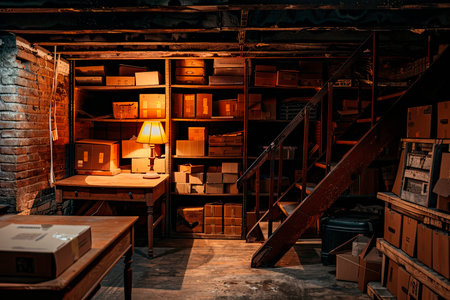 Basement room interior. House storage in cellar. Indoor warehouse with furniture and lamp light. Table, cardboard boxes and wooden staircaseの素材