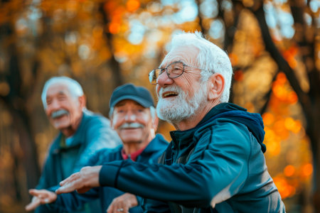 elderly men doing yoga outdoorsの素材