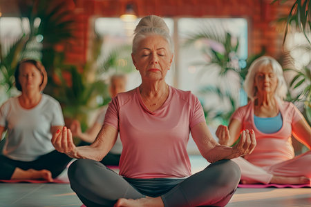 elderly women doing yoga in the clubの素材