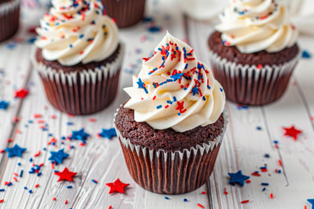 4th of July chocolate cupcakes with cream cheese and blue and red sprinkles on wooden tableの素材