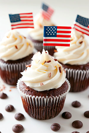 4th of july chocolate cupcakes with cream cheese and usa flag on top on wooden tableの素材