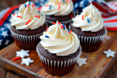 4th of July chocolate cupcakes with cream cheese and blue and red sprinkles on wooden tableの素材