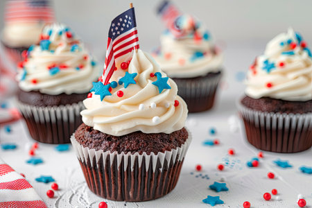 4th of july chocolate cupcakes with cream cheese and usa flag on top on wooden tableの素材