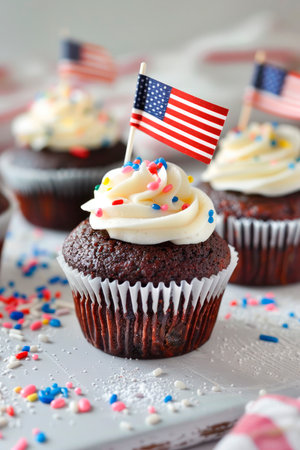 4th of july chocolate cupcakes with cream cheese and usa flag on top on wooden tableの素材