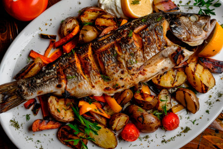 Grilled fish with roasted potatoes and vegetables on the plateの素材