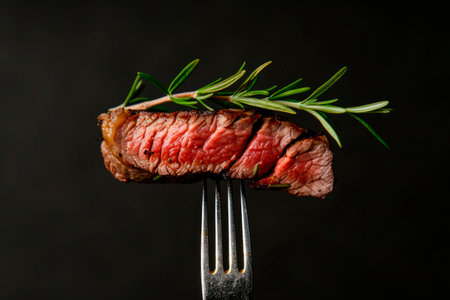 grilled beef steak on a fork on black backgroundの素材