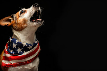 jack russell dog howling with a usa flag on black background. 4th of July concept. copy spaceの素材
