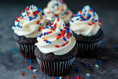 4th of july chocolate cupcakes with cream cheese and blue and red topping on top on wooden tableの素材