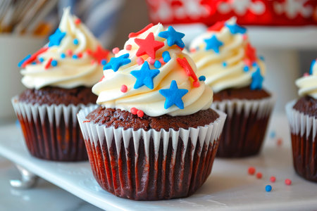 4th of july chocolate cupcakes with cream cheese and blue and red topping on top on wooden tableの素材