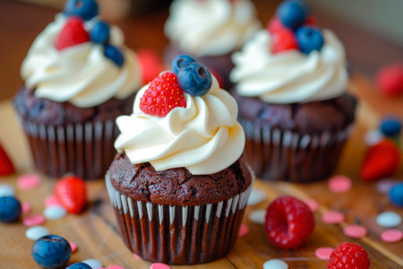 4th of july chocolate cupcakes with cream cheese and blue and red topping on top on wooden tableの素材