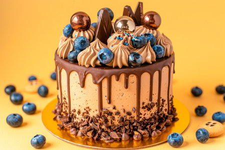 Chocolate cake decorated with blueberries and cookies on yellow backgroundの素材