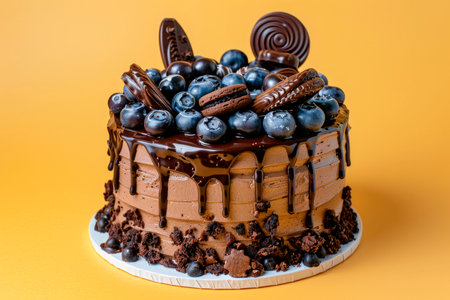 Chocolate cake decorated with blueberries and cookies on yellow backgroundの素材