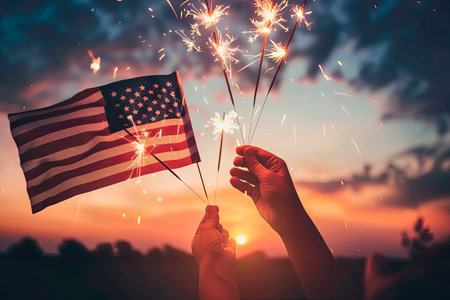 hands waving american flags for the 4th of julyの素材
