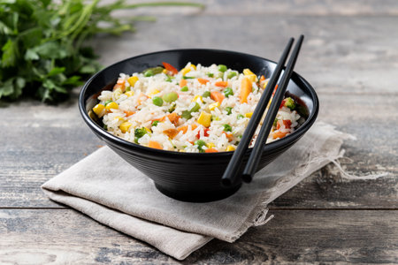 White fried rice with vegetables on wooden tableの写真素材