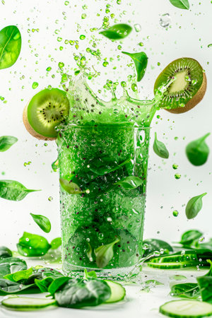 Green smoothie splashing in glass with flying ingredients on white backgroundの素材