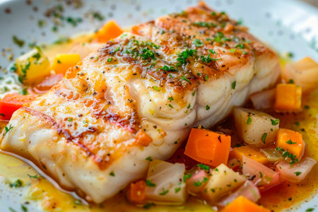 White fish fillet with vegetables and potatoes on gray background