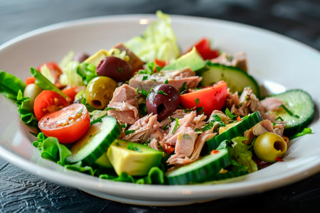 Salad with prickly pear, lettuce, cucumbers, tomatoes and olives in white plate on gray stoneの写真素材