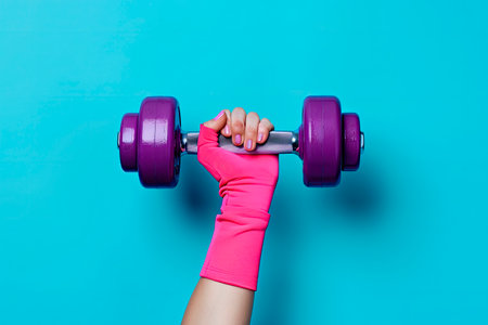 female hand in a pink sports glove holds a purple one dumbbell on a blue backgroundの写真素材