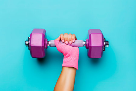 female hand in a pink sports glove holds a purple one dumbbell on a blue backgroundの写真素材