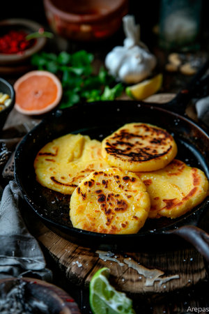 dough cornmeal Arepa on wooden table, traditional in the cuisine of Colombia and Venezuelaの素材