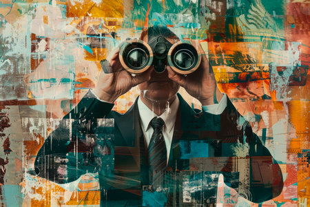 Businessman looks through binoculars. Art collage styleの素材