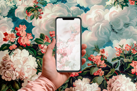 The hand holds a smartphone with a white screen with tropical and plants backgroundの素材