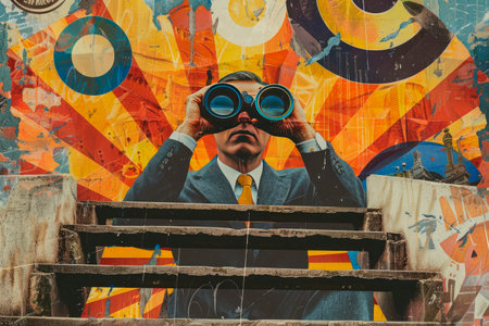 Businessman looks through binoculars. Art collage styleの素材
