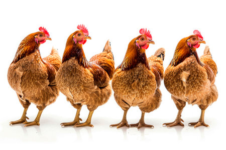 Portrait of different hens isolated on a white backgroundの素材