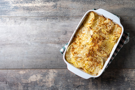 Potato gratin baked with cream and cheese on wooden table. Close upの写真素材