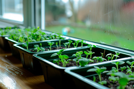 green sprout growing in pot in greenhouse with sunlight.の素材