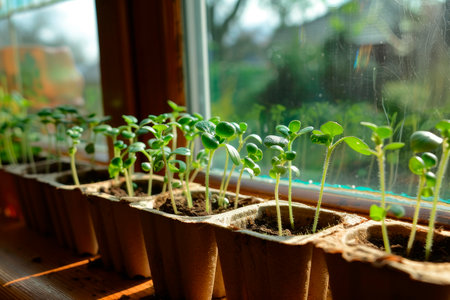 green sprout growing in pot in greenhouse with sunlight.の素材