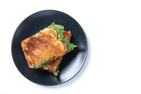 Healthy spinach, tomato and cheese sandwich isolated on white backgroundの写真素材