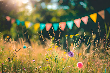 field party with grass and birthday decorationの素材