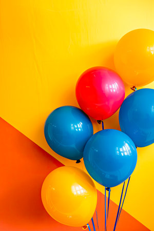 birthday decoration background with colorful balloons on yellow backgroundの素材