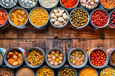 Various canned food in metal cans on wooden table. Top view. Copy spaceの素材