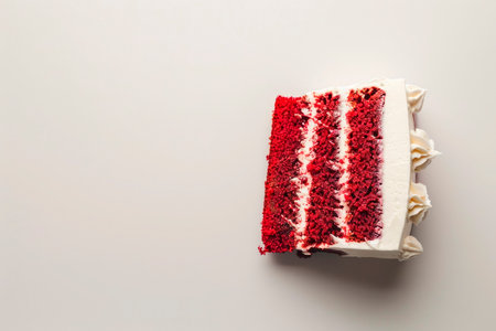 Traditional red velvet cake slice on white plate on gray background. Top view. Copy spaceの素材