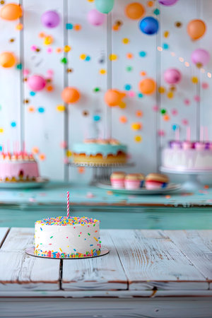 white birthday cake with candles on white wooden table and colorful balloons backgroundの素材