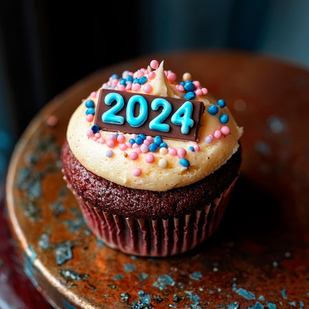 cupcake with "2024" on top on wooden tableの素材