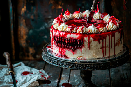 bloody monster cake for halloween on wooden tableの素材