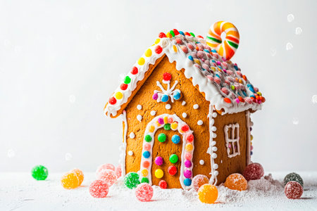 Gingerbread house decorated with colorful candies against a white wooden backgroundの素材